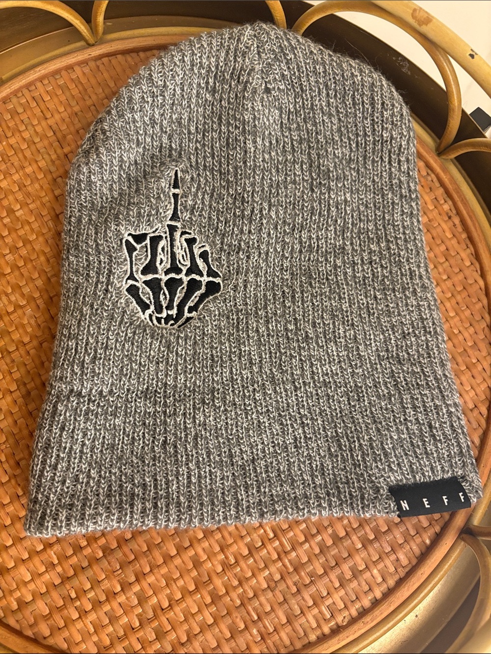 Neff Gray Knit Beanie with Skeleton Hand Patch
